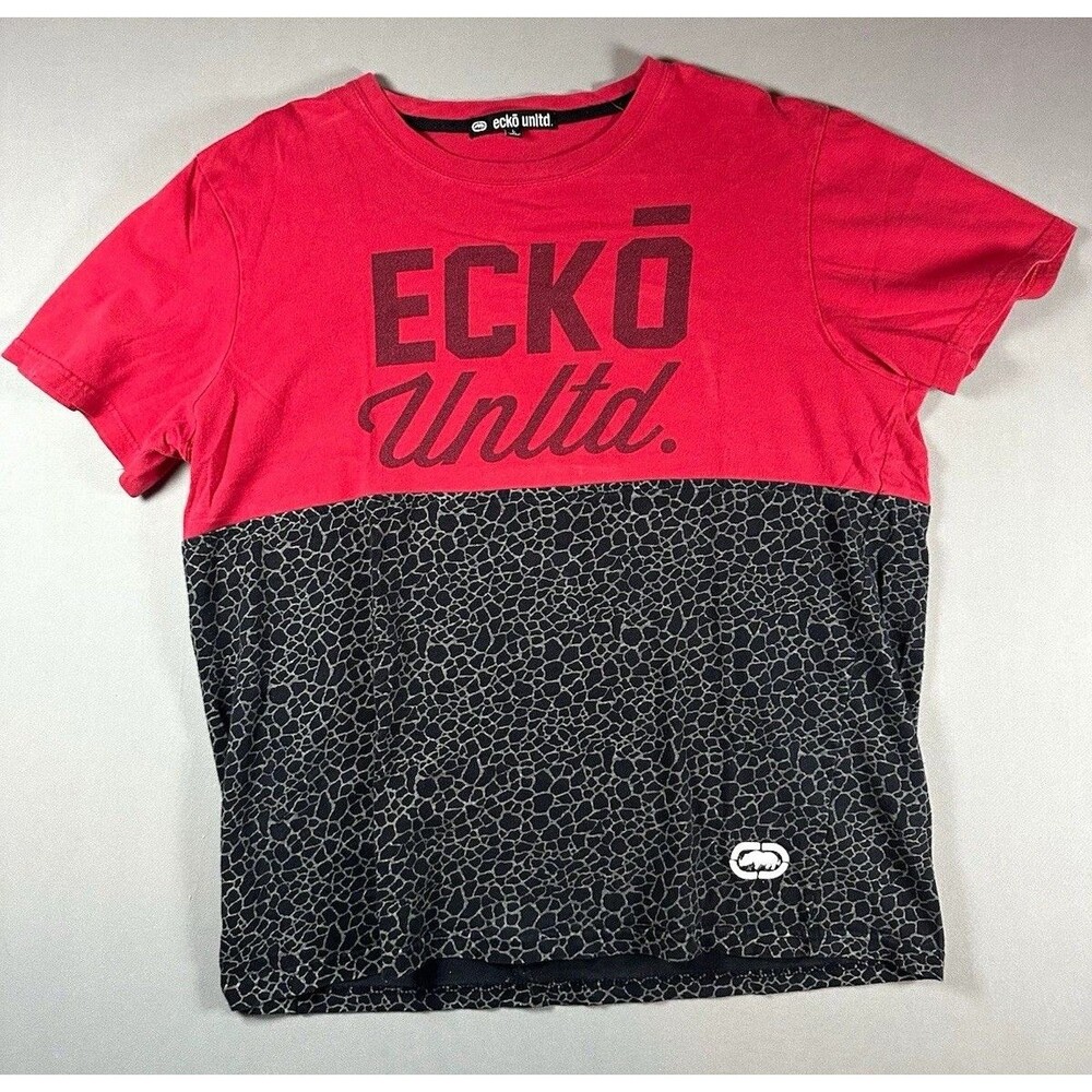 Ecko Unltd. Mens Red/Black Colorblock Graphic Logo Crew Neck T-Shirt L